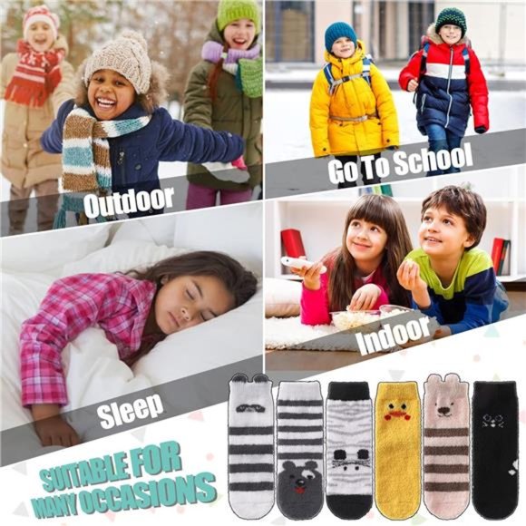 6 Pairs, Kids Fuzzy Socks with Grips Non Slip Fluffy Winter Warm Crew Socks - Picture 6 of 6